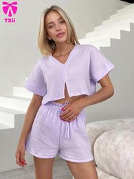 Home Clothing TXii Purple Ladies Sleepwear Set Sexy V-Neck Nightwear Crop Top Pyjamas Short Sleeve Nightgowns Shorts Causal Clothes