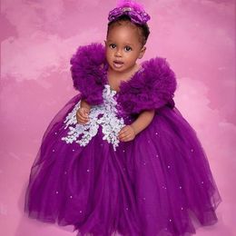 2021 Purple Lace Crystals Flower Girl Dresses Ball Gown Tulle Elegant Lilttle Kids Birthday Pageant Weddding Gowns 2762