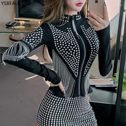 Women's Jackets Spring 2024 Sexy Rivet Tassel Short Coat Womens Fashion Autumn Korean Drill Clothes Shiny Zipper Stand Jacket Ropa Mujer