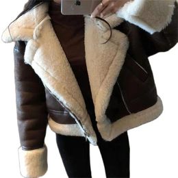 Women's Fur 2024 Women Jacket Fashion Thick Warm Faux Leather Coat Vintage Long Sleeve Flap Pocket Female Outerwear Chic Tops