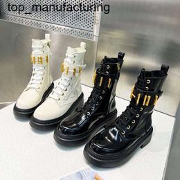 New 24ss martin boot booties designer winter Fashion latest Luxury Gold f metal buckle Decoration womens shoes cowskin low heel lace up round Women's boots