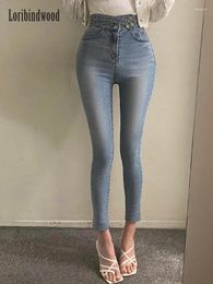Women's Jeans High Waisted Women's With Staggered Button Design Tight Elastic Leg Pants 2024 Korean Fashion Women Clothing