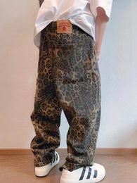 HOUZHOU Tan Leopard Jeans Men Denim Pants Male Oversize Wide Leg Trousers Streetwear Hip Hop Vintage Loose Casual Animal Print 240513