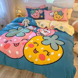 Bedding Sets 4PCS Skin-friendly Duvet Cover Set Princess Style Cartoon Cute Quilt Bed Sheet Pink Yellow Strawberry