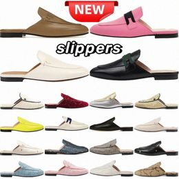 Designer slippers sandals princetown slipper Brown Leather Black Web Camel Canvas Beige Light Pink White Embossed ladies sandalWvvP#