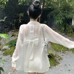 Women's Blouses Summer 2024 Chiffon White Sweet Back Bow Design Sunscreen Shirt Long Sleeve Thin Top