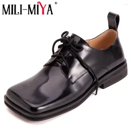 Casual Shoes MILI-MIYA Fashion Comfortable Square Toe Women Cow Leather Pumps Lace Up Solid Colour Thick Heels Street Handmade