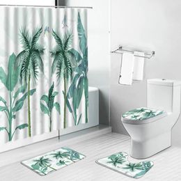 Shower Curtains Tropical Palm Tree Leaf Curtain Green Leaves Plant Flower Scenery Bathroom Non-Slip Toilet Cover Rug Bath Mat Set