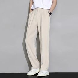 Erkek pantolon buz ipek gündelik uzun pantolon elastik bel düğmeleri sinek cepleri pantolon düz geniş bacak dökümlü iş pantolon 240513