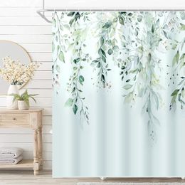 Shower Curtains Lzyoehin Green Eucalyptus Fabric Curtain Watercolour Floral Pattern With Hooks 72" X