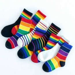 Kids Socks Fashion Rainbow Childrens Socks Spring/Summer Colourful Stripes Breathable Cotton Girls and Boys Pipe Socks School Principal Socks 1-8 Years d240513