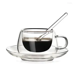 Mugs Modern Minimalist Double-layer Glass Coffee Mug Creative Office Cup Home Set With Saucer Spoon