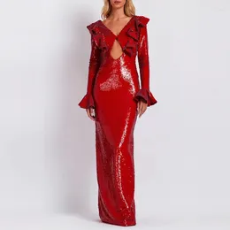 Casual Dresses 2024 Sexy Elegant Red V-Neck Flare Sleeves Slit Cut-out Sequin Maxi Dress Fashion Party Club Street Ladies Clothing