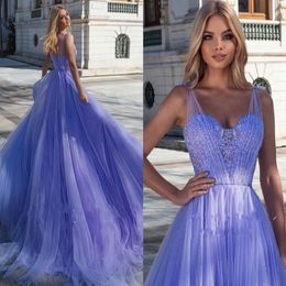 Lavender Sparkling Tulle Prom Dresses Spaghetti Straps Appliqued A-Line Evening Party Gowns Open Back Formal Vestidos Longo Robe De Soi 3014