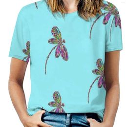 Women's T Shirts Neon Dragonfly-Turquoise Fashion Print Women Ladies Girls T-Shirt Harajuku Round Neck Short Sleeve Tops & Tees Dragonfly