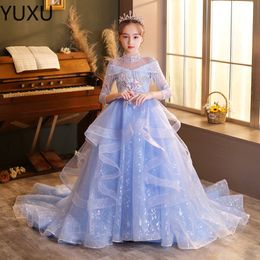 Vintage Flower Girls Dresses Sheer Neck Long Sleeve Hand Made Pageant Flowers Kids Formal Wear Hi Lo Satin Girl Dress for Wedding 250S