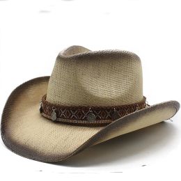 Cowboy Hat Man Woman Western 2024 Summer Wide Brim Hollow Out Sombrero Hombre Paper Straw Sun Hats Beach Caps UV Protection Cap