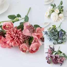 Decorative Flowers Retro Artificial Tea Rose Bud Silk Flower Bridal Bouquet Wedding Home Living Room Decor High Quality Hydrangea