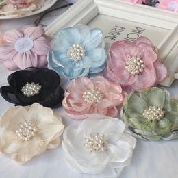 Decorative Flowers 5PCS/Lot 7.5CM Handmade Beads Centre Organza Chiffon Fabric Artificial Fake Flower Wedding Dress Hats Headband Decoration