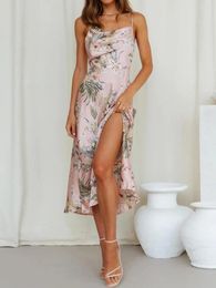 Casual Dresses Fashion Womens Floral Print Cami Dress Sleeveless A Line Side Slit Midi For Party Club Wedding Night S M L