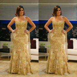 2020 Plus Size Prom Dresses Strapless Gold Lace Appliqued Sequins Long Evening Gown Ruffle Custom Made Mermaid Formal Party Gowns 3037