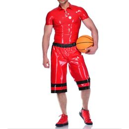 Latex Uniform Men Rotes Shirt and Black Red Shorts Suit 0.4mm Party Size S-XXL