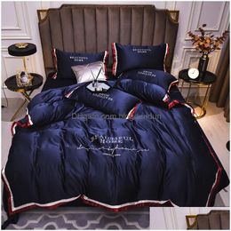 Bedding Sets Luxury Pink Grey White Rayon Embroidery Sheet Quilt Pillowcase Comfortable Soft Fluffy King Queen 4Pcs 230809 Drop Delive Dh6Bu