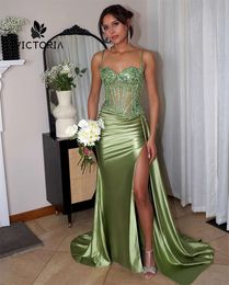 Light Green High Split Beaded Spaghetti Mermaid Prom Dresses For Black Girls Evening Dress special Party Gown