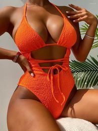 Women's Swimwear Wrap Around Halter Wrinkled Female One Piece Swimsuit Women Backless Monokini Girls High Cut Bathing Suit Swim Bodysuit