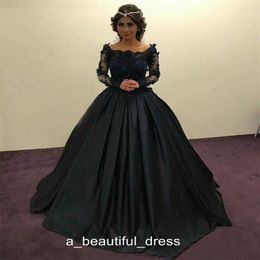 Vintage Black Ball Gown Prom Dresses Long Sleeves Illusion Off Shoulder Evening Gowns Bead Vestidos Festa formal Party Gowns PD5556 239J