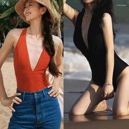 Women's Swimwear Woman Solid Sexy V Neck Bikini One-piece Swimsuit Stylish Summer Bodysuit Swimming Suits Bathing Suit