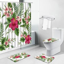 Shower Curtains Red Flower Green Leaf Bath Mat Tropical Plant Leaves Non-Slip Rug Toilet Cover Kitchen Carpet Bathroom Decor Set
