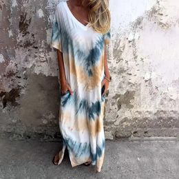 Party Dresses Elegant Deep V-neck Short Sleeve Long Dress Women Fashion Gradient Tie-Dye Print Loose Sexy Side Split Maxi