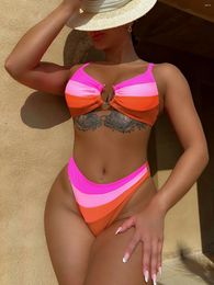 Women's Swimwear Sexy Pink Contrast Bikini 2024 Mujer Women Metal Ring Linked Hollow Out Push Up High Waist Swimsuit Beach Bathing Suit