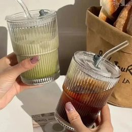 Wine Glasses 450ml Stripe Glass Cup Transparent With Lid And Straw Ice Coffee Tea Juice Milk Water Drinking Mug