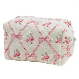 Cosmetic Bags Cute Bow Floral Bag With Zipper Makeup Organiser Storage Cotton Quilted Case For Women Girls