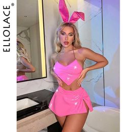 Sexy Set Ellolace Latex Lingerie Neon Pink Underwear Women 3-Piece Bunny PVC Outfit Nightclub Leather Erotic Costumes Q240511