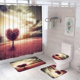 Shower Curtains Red Heart Tree Curtain Set Grassland Sunset Natural Scenery Bathroom Non-Slip Rug Toilet Lid Cover Bath Mat Home