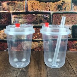 Disposable Cups Straws 50pcs Net Red U Shape Transparent Plastic 500ml Juice Cup Bubble Tea Packaging Milk Dessert With Lids