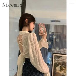 Women's Blouses Bubble Sleeves Short Sexy White Shirt Women Tops Spring Chic Slim Fit Bow Tie Off Back Long Sleeved Clothing