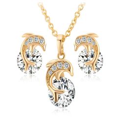 Kids Jewellery Sets 18K Yellow Gold Plated Crystals CZ Cluster Cute Dolphin Stud Earrings 18quot Chain Pendant Necklace for Childr5307512