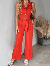 Women's Two Piece Pants Casual Fashion Sleeveless Waistcoat Sets Spring Summer Women Solid Vest Wide Leg Set Office Attire With Belt