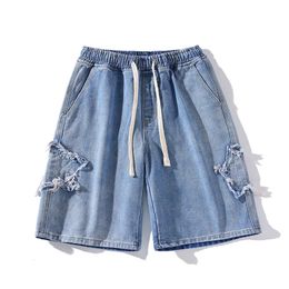 Vintage Star Patch Denim Blue Shorts Mens Hip Hop Short Pants Casual High Street Large Size Loose Straight Five Pants 240513