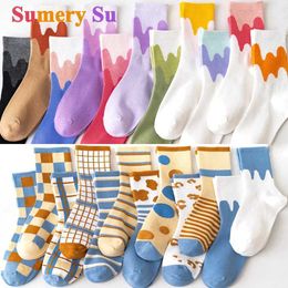 Kids Socks 5 pairs/long socks childrens style Colourful cute cotton casual fun creative girl cartoon black and white medium tube socks girl gift d240513