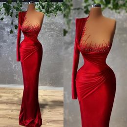 Sexy Elegant Plus Size Red Mermaid Prom Dresses One Shoulder Long Sleeve for Women Pleats Floor Length Evening Pageant Gowns Custom Mad 300g