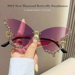 Luxury Diamond Butterfly Sunglasse Brand Y2K Vintage Rimless Oversized Sun Glasses Ladies Eyewear 240510