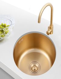 Gold 304 Stainless Steel Kitchen Sink Undercounter Mini Small Round Sink 42cm Embedded Single Slot Kitchen Bowl Set Steel3061448