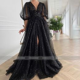 2020 Black Starry Tulle evening Dresses Sparkly V-Neck Half Puff Sleeves front slit Ruched Party Dresses Slits Long A-Line Prom Gown 290T