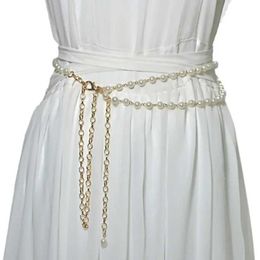 Waist Chain Belts Womens edge imitation pearl belt womens retro dress pattern belly dance waist chain designer clothing Q240511