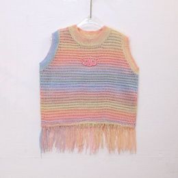 Women's hollow gradient rainbow designer knitted tassel O-neck blouse vest